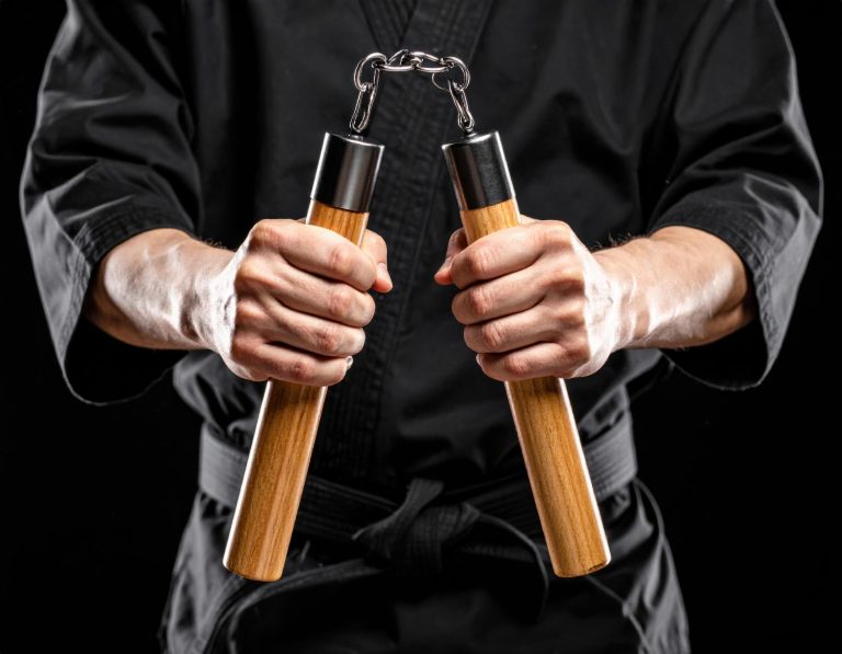 Nunchaku held in a training pose - The Karate Shop Martial artist holding wooden nunchaku in a training stance.